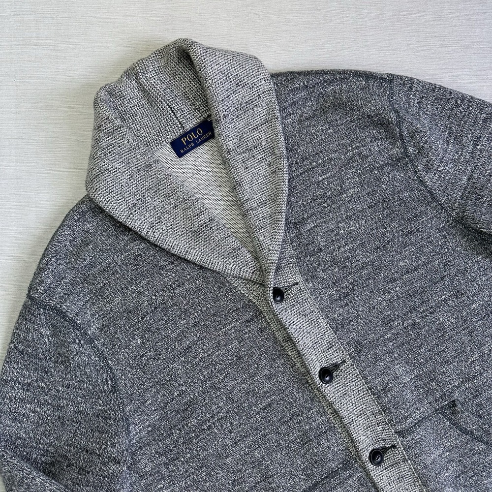 Polo Ralph Lauren Shawl Collar Knit Cardigan Sweater Men L Grey Rugby Preppy - Picture 2 of 10